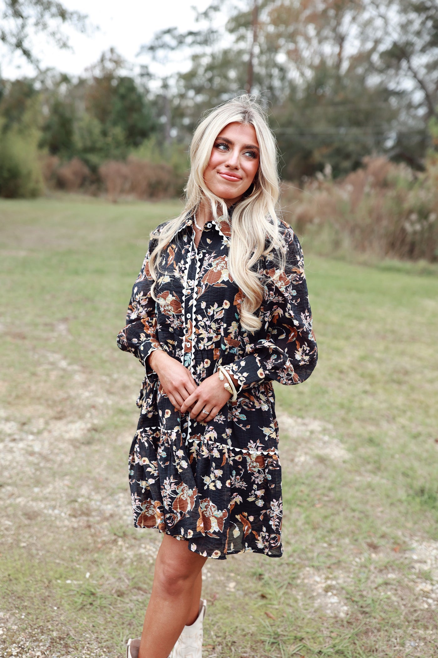 Black Floral Long Sleeve Button Down Dress