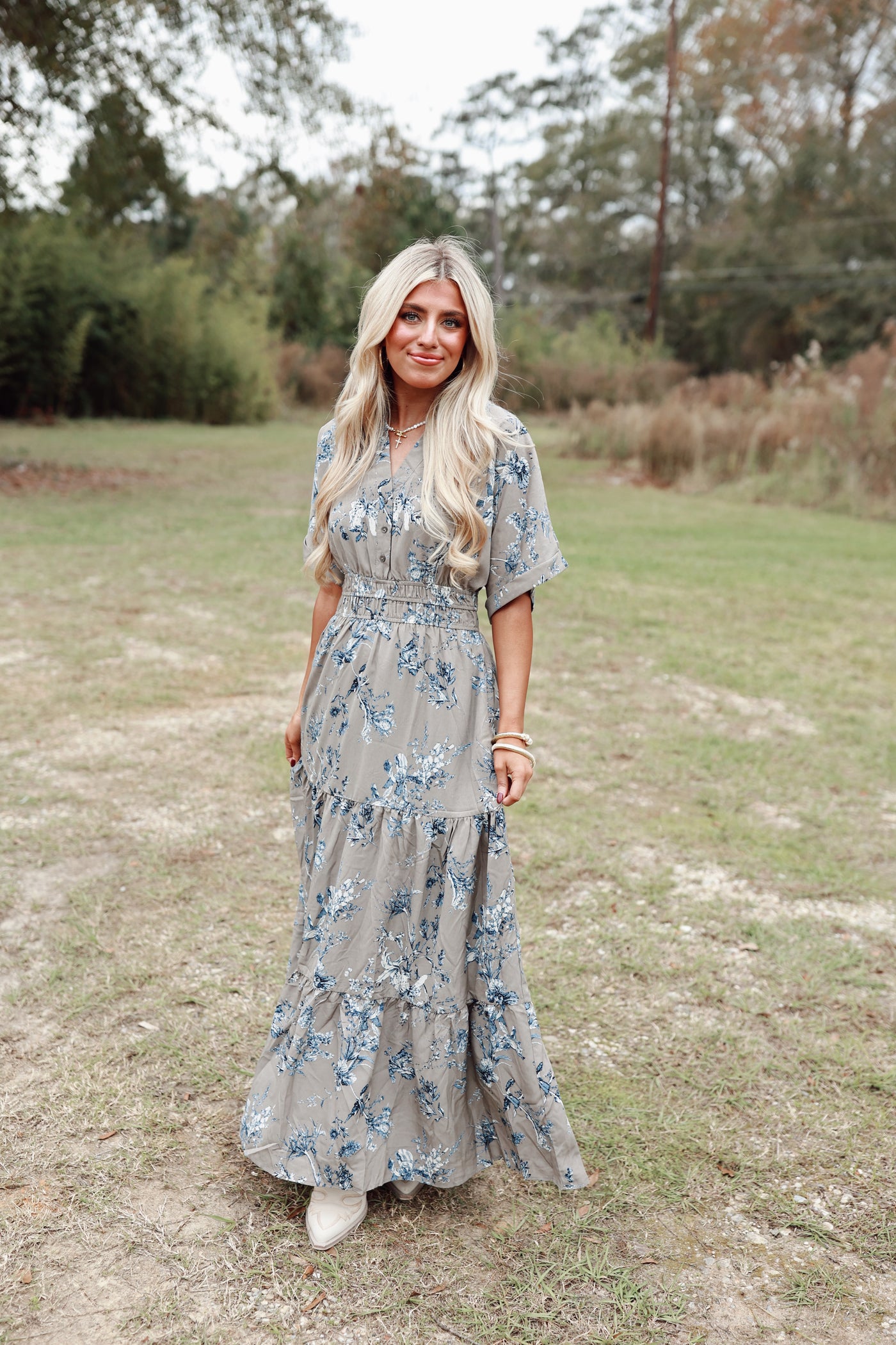 Mocha Grey Floral V-Neck Collared Midi Dress