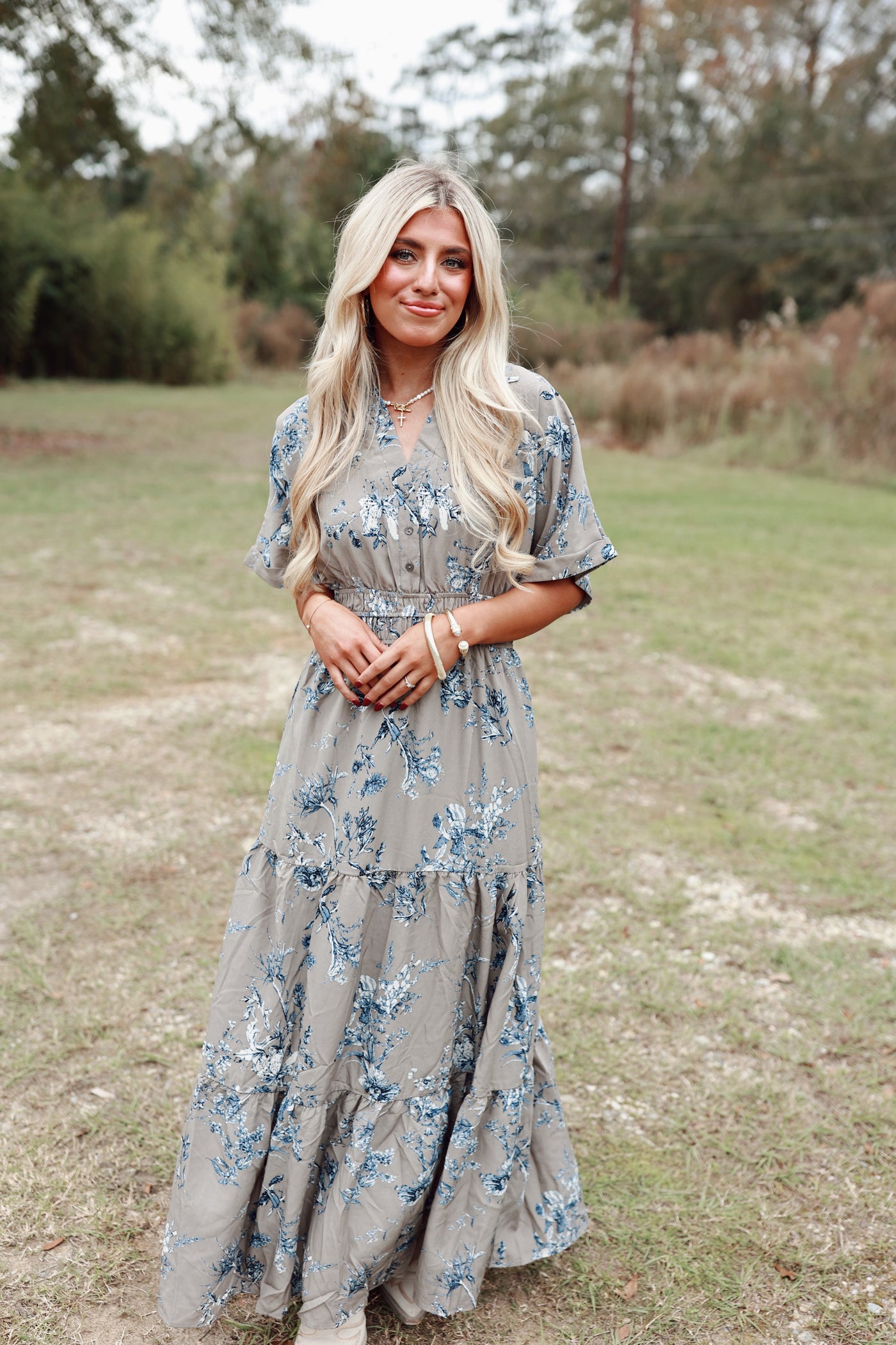 Mocha Grey Floral V-Neck Collared Midi Dress