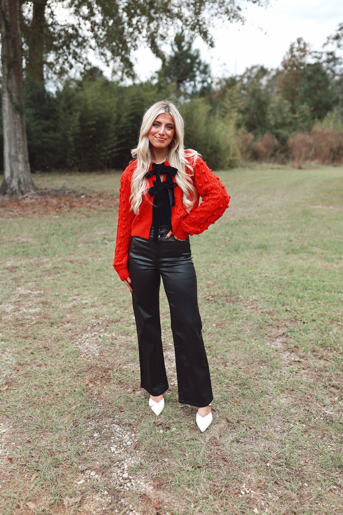 Red Bow Tie Closure Cable Knit Cardigan