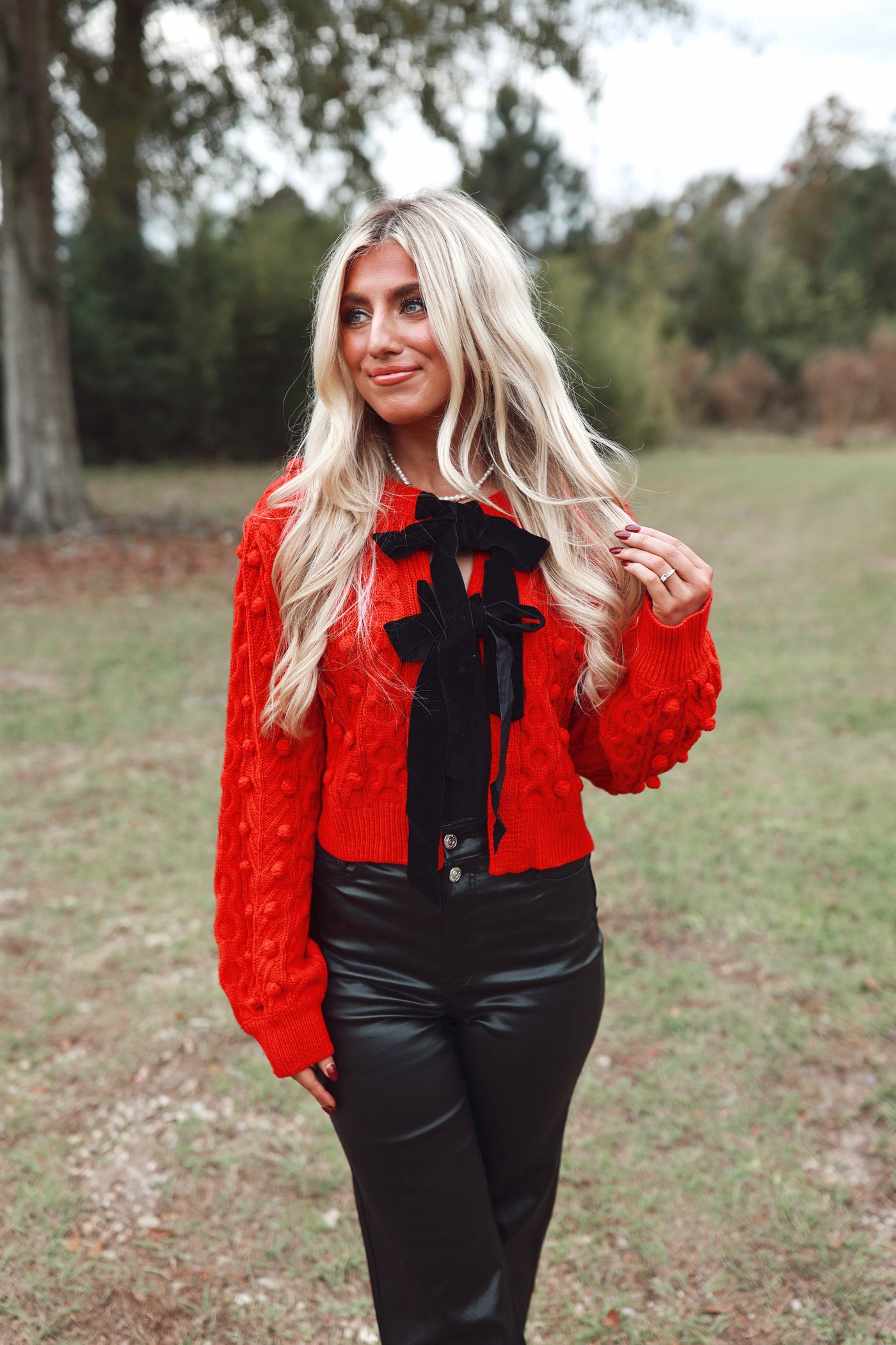 Red Bow Tie Closure Cable Knit Cardigan