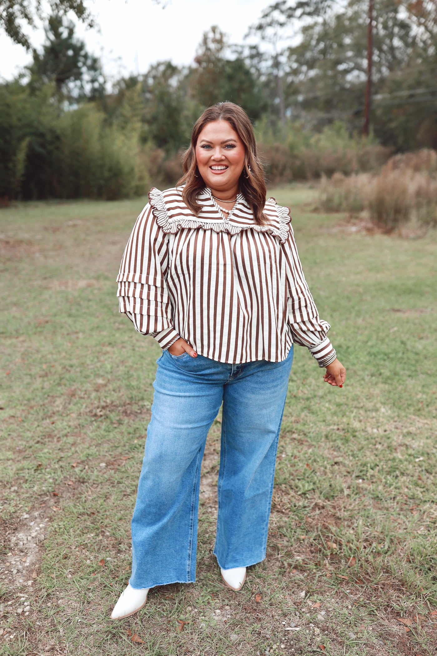 Brown Striped Ruffle Detail Long Sleeve Top