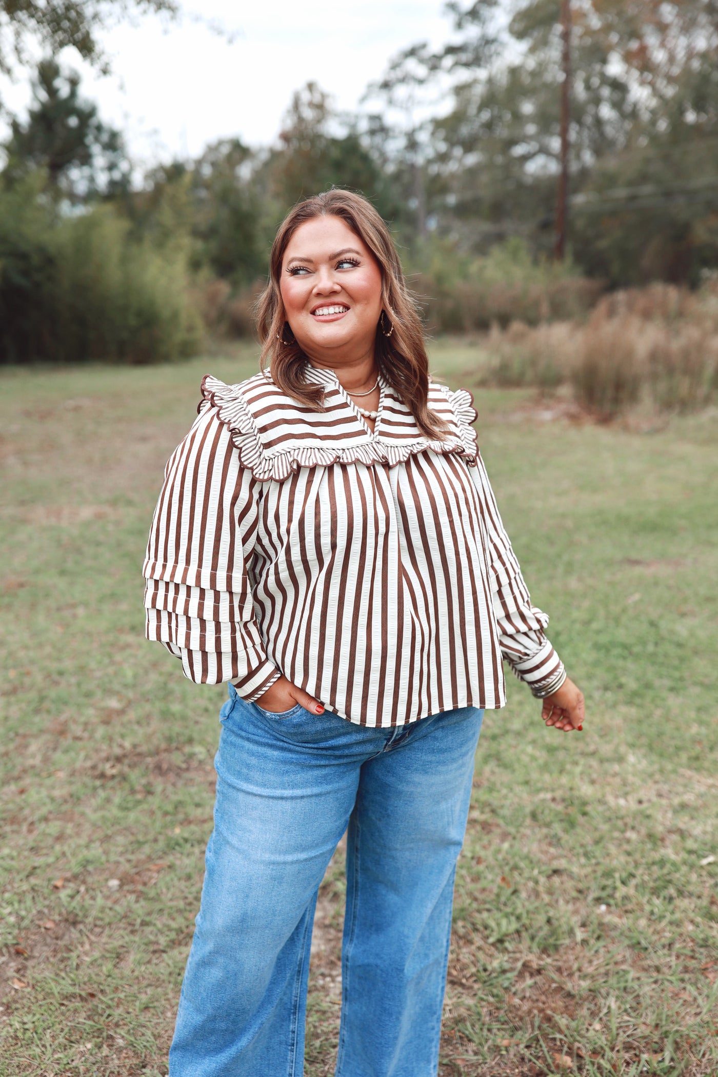 Brown Striped Ruffle Detail Long Sleeve Top