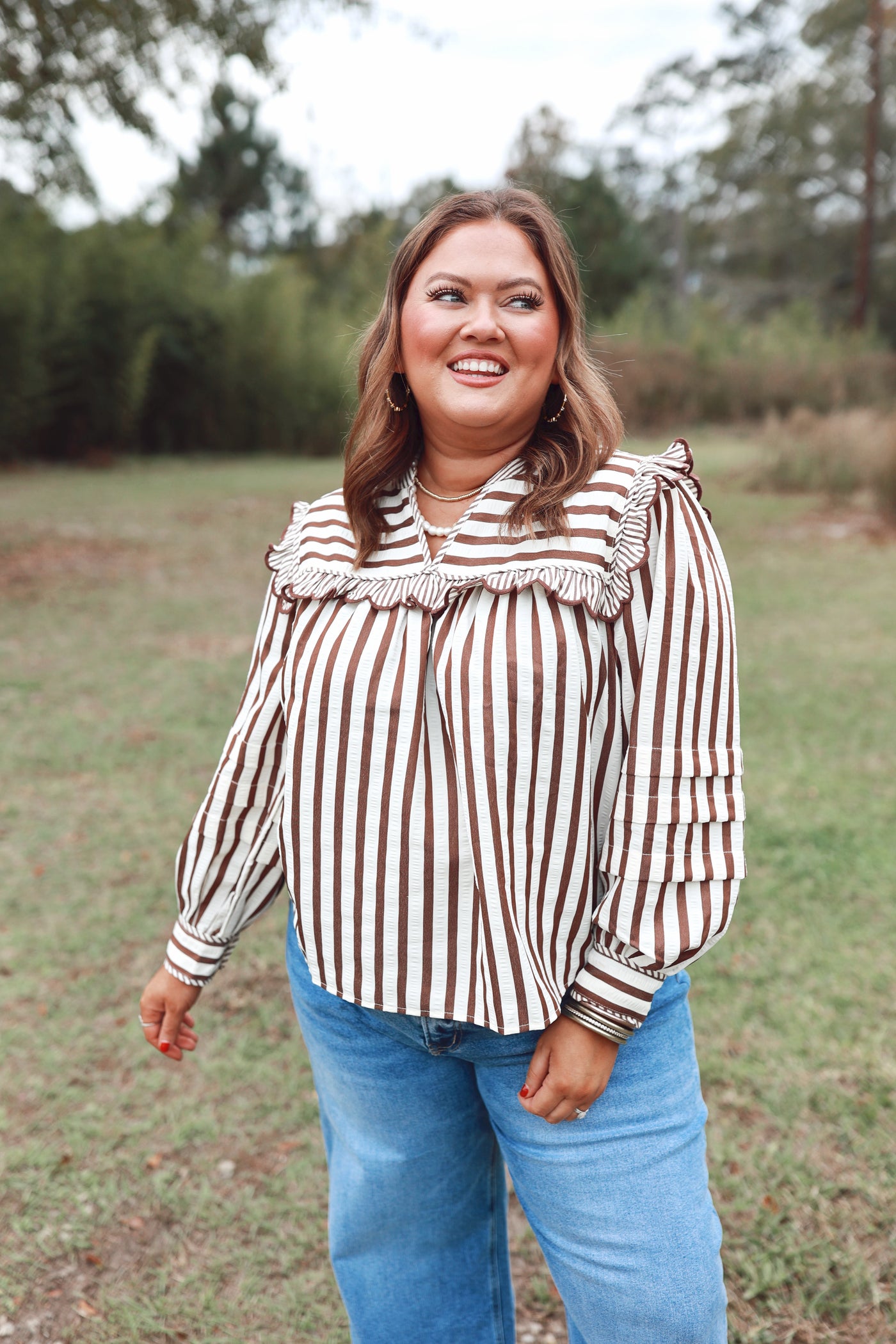 Brown Striped Ruffle Detail Long Sleeve Top