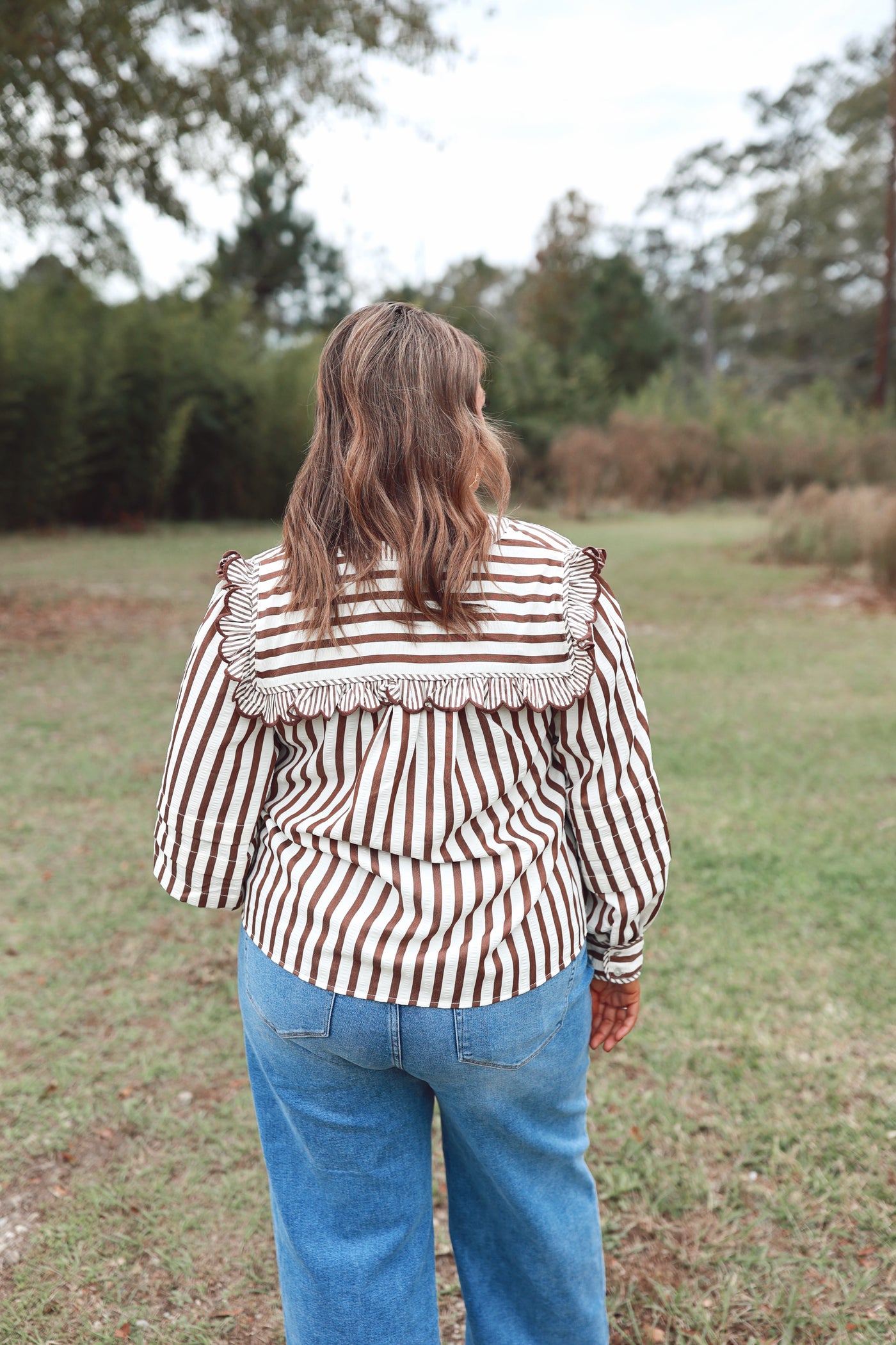 Brown Striped Ruffle Detail Long Sleeve Top