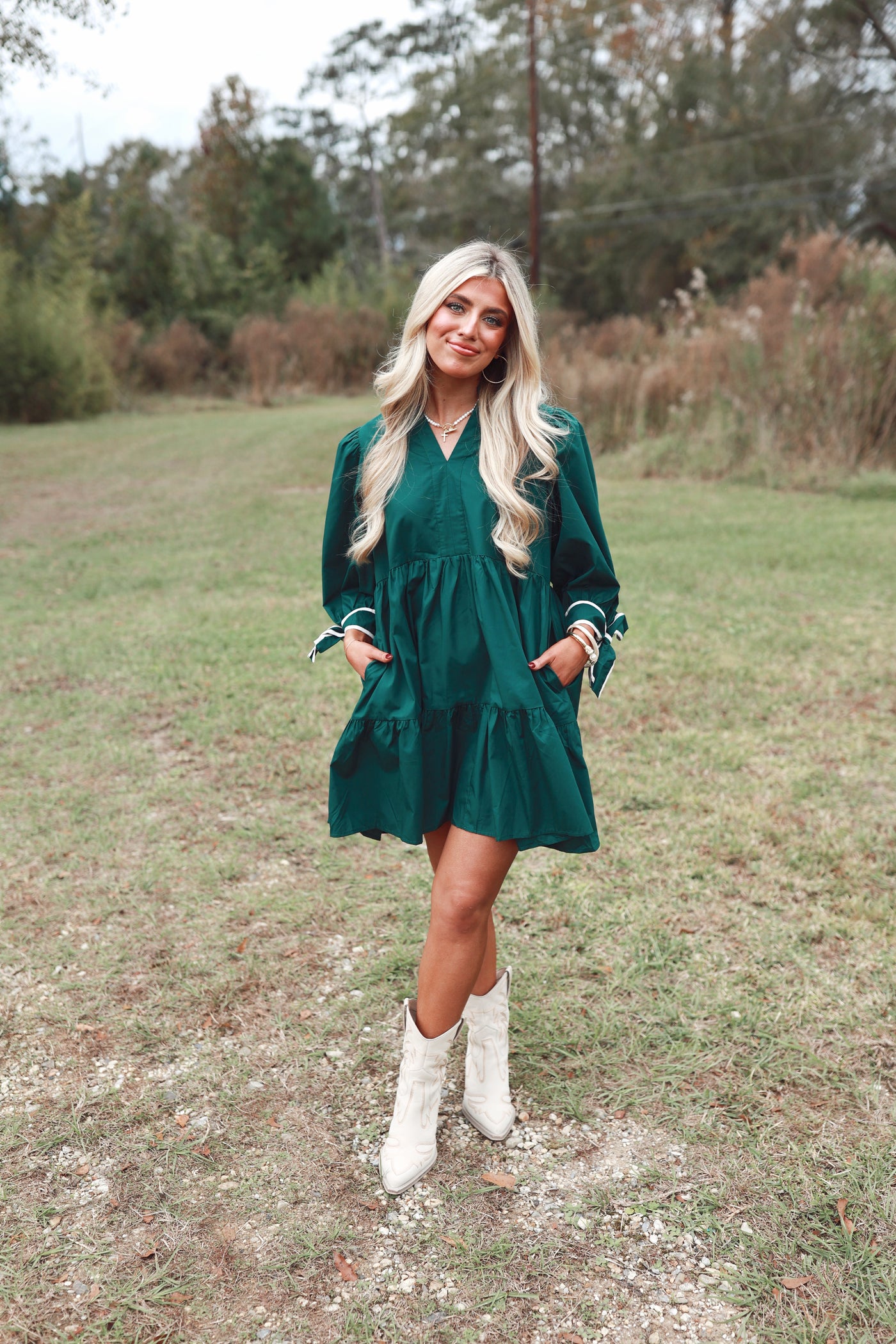 Hunter Green 3/4 Sleeve Bow Detail Tiered Dress