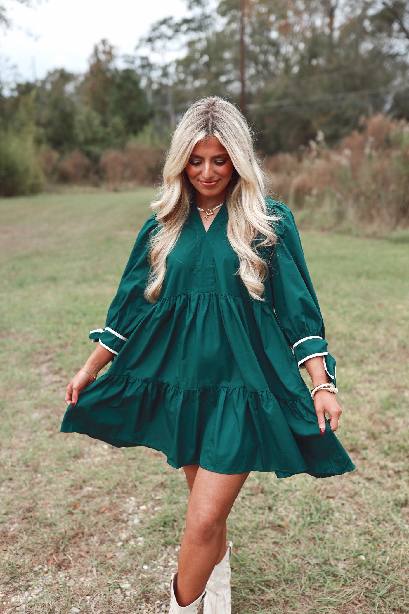 Hunter Green 3/4 Sleeve Bow Detail Tiered Dress