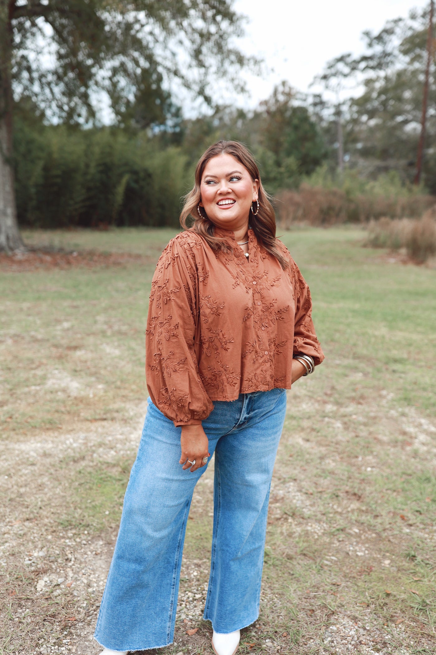 Chestnut Floral Embroidered 3/4 Dolman Sleeve Oversized Top