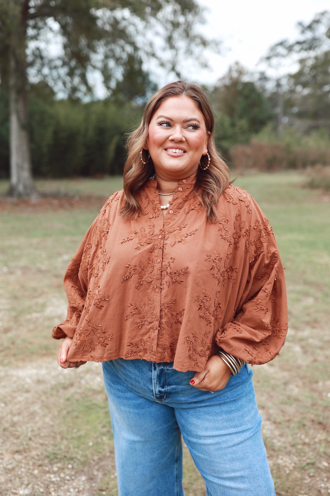 Chestnut Floral Embroidered 3/4 Dolman Sleeve Oversized Top