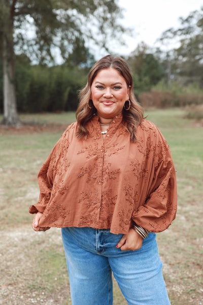 Chestnut Floral Embroidered 3/4 Dolman Sleeve Oversized Top