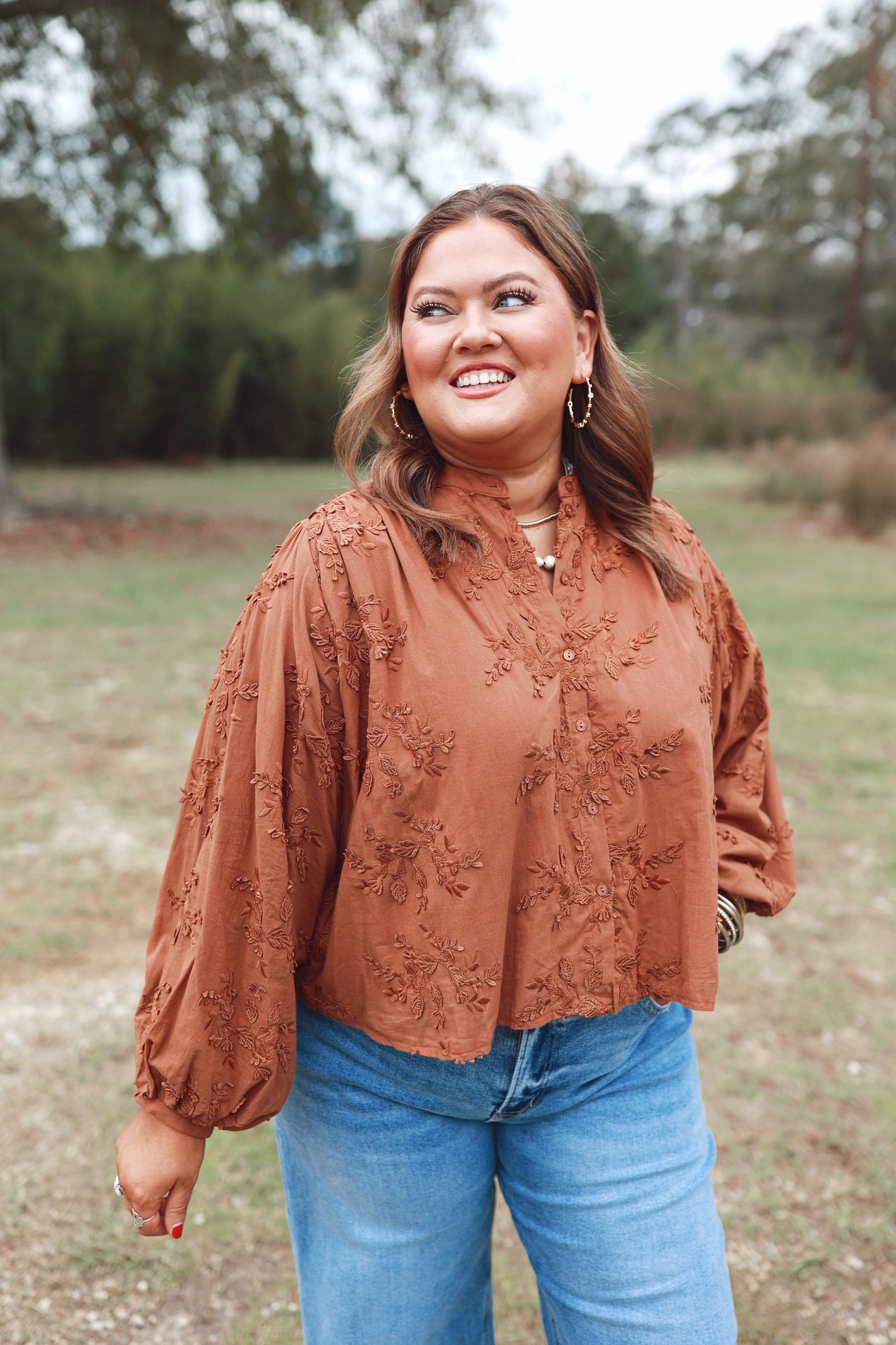 Chestnut Floral Embroidered 3/4 Dolman Sleeve Oversized Top