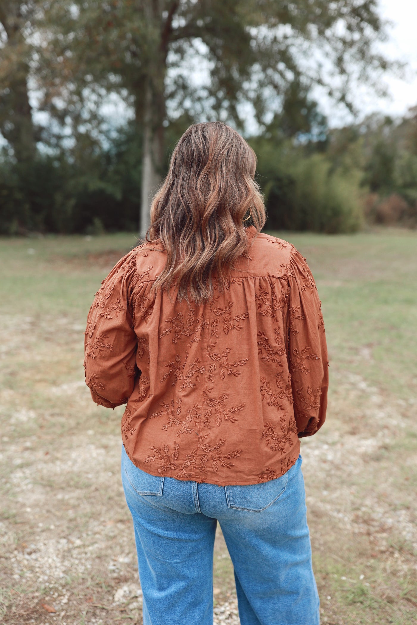 Chestnut Floral Embroidered 3/4 Dolman Sleeve Oversized Top