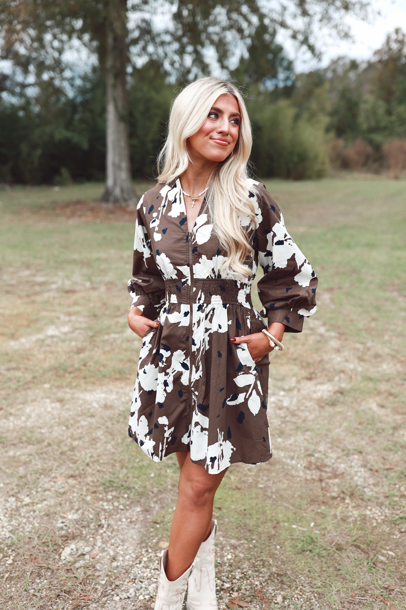 Espresso Printed 3/4 Sleeve Zipper Poplin Dress