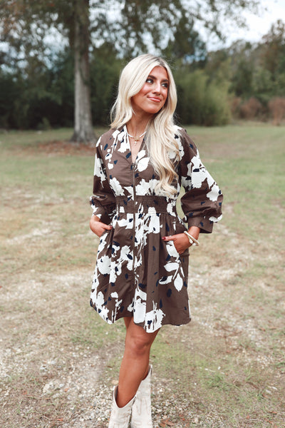 Espresso Printed 3/4 Sleeve Zipper Poplin Dress