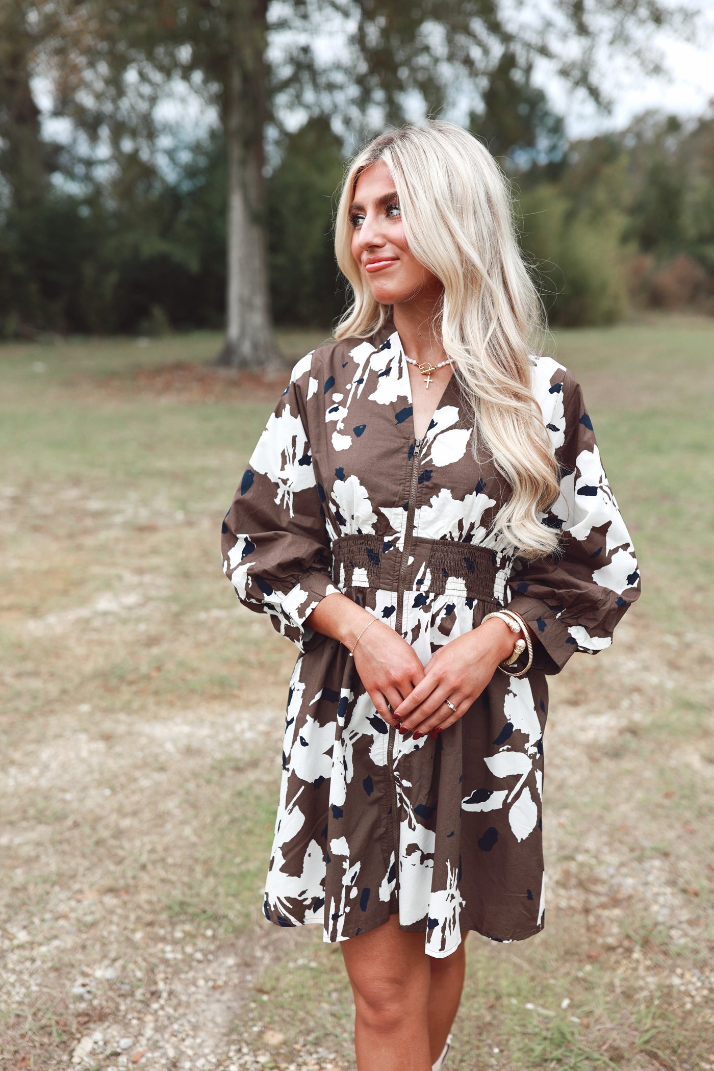 Espresso Printed 3/4 Sleeve Zipper Poplin Dress