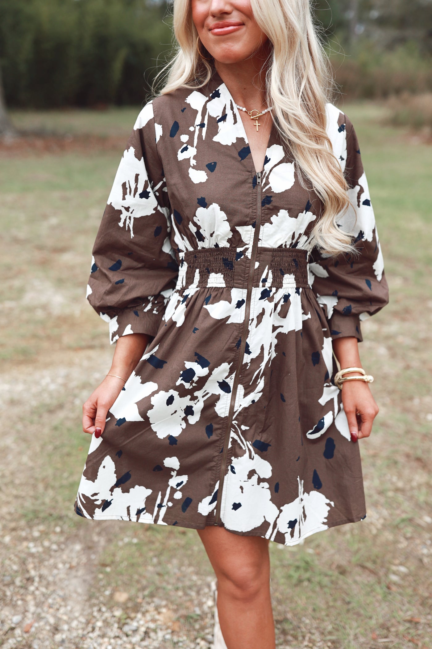 Espresso Printed 3/4 Sleeve Zipper Poplin Dress