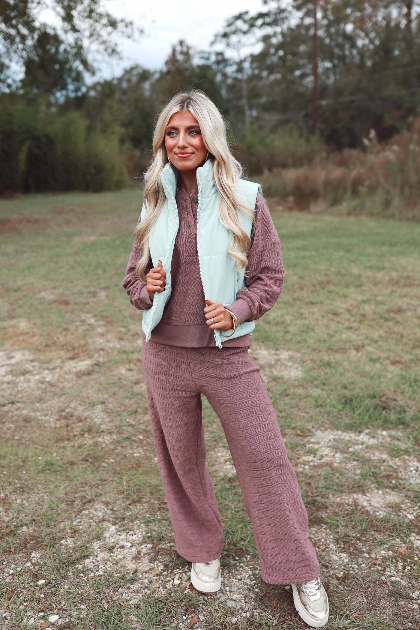 Mauve Long Sleeve Herringbone Henley Top and Pant Set