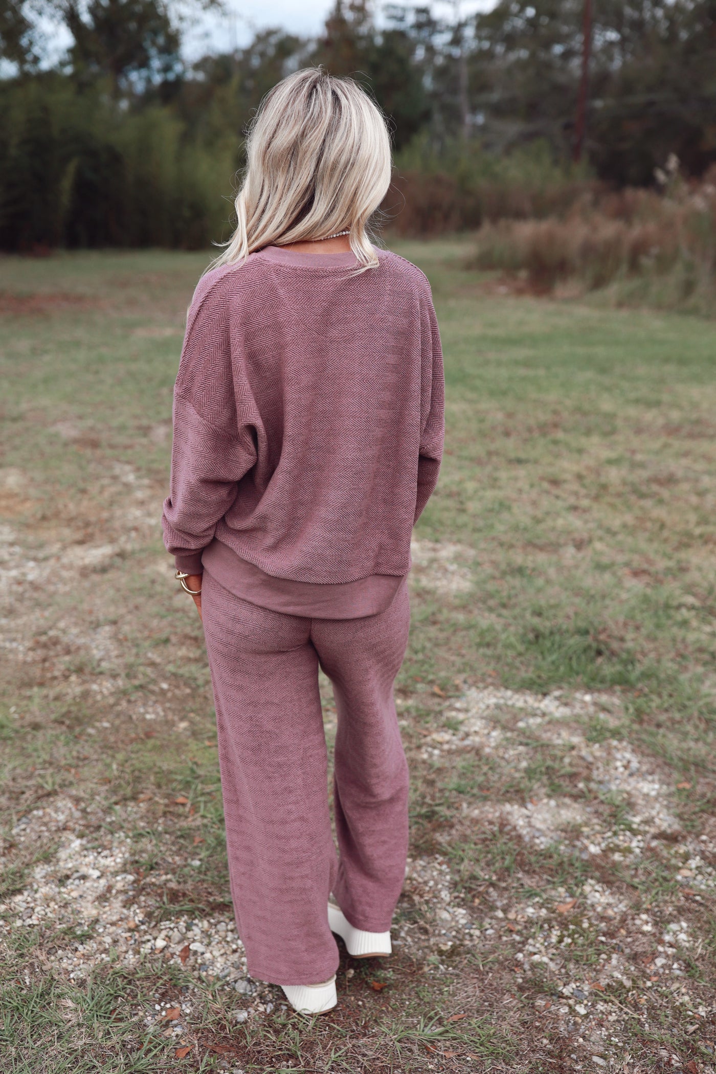 Mauve Long Sleeve Herringbone Henley Top and Pant Set