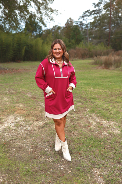 Magenta Ribbed Zipper Detail Long Sleeve Collared Dress