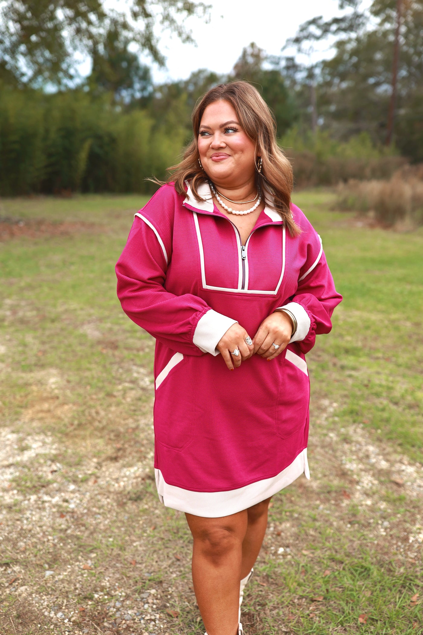 Magenta Ribbed Zipper Detail Long Sleeve Collared Dress