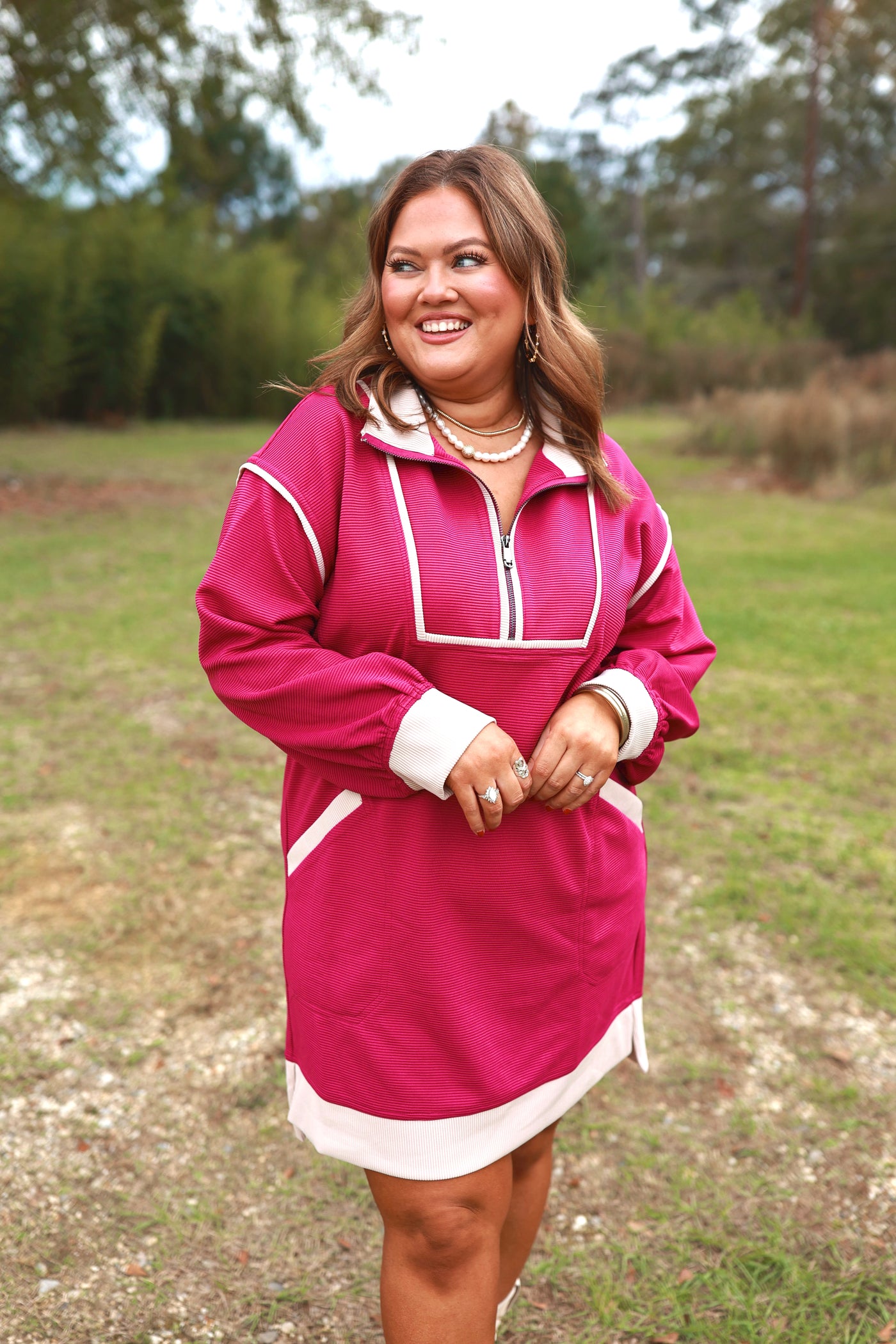 Magenta Ribbed Zipper Detail Long Sleeve Collared Dress