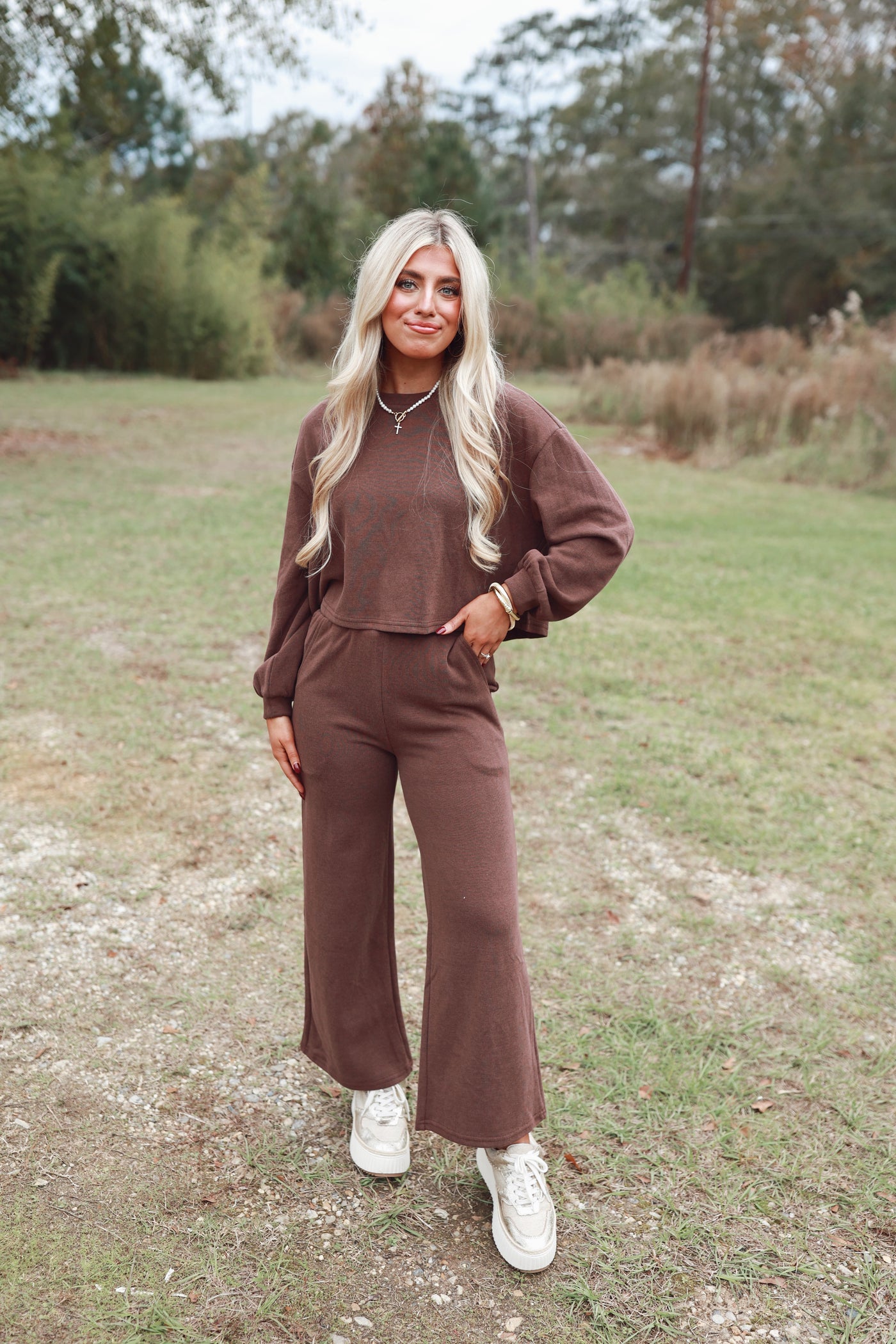 Mocha Knit Sweatshirt and Wide Leg Pant Set