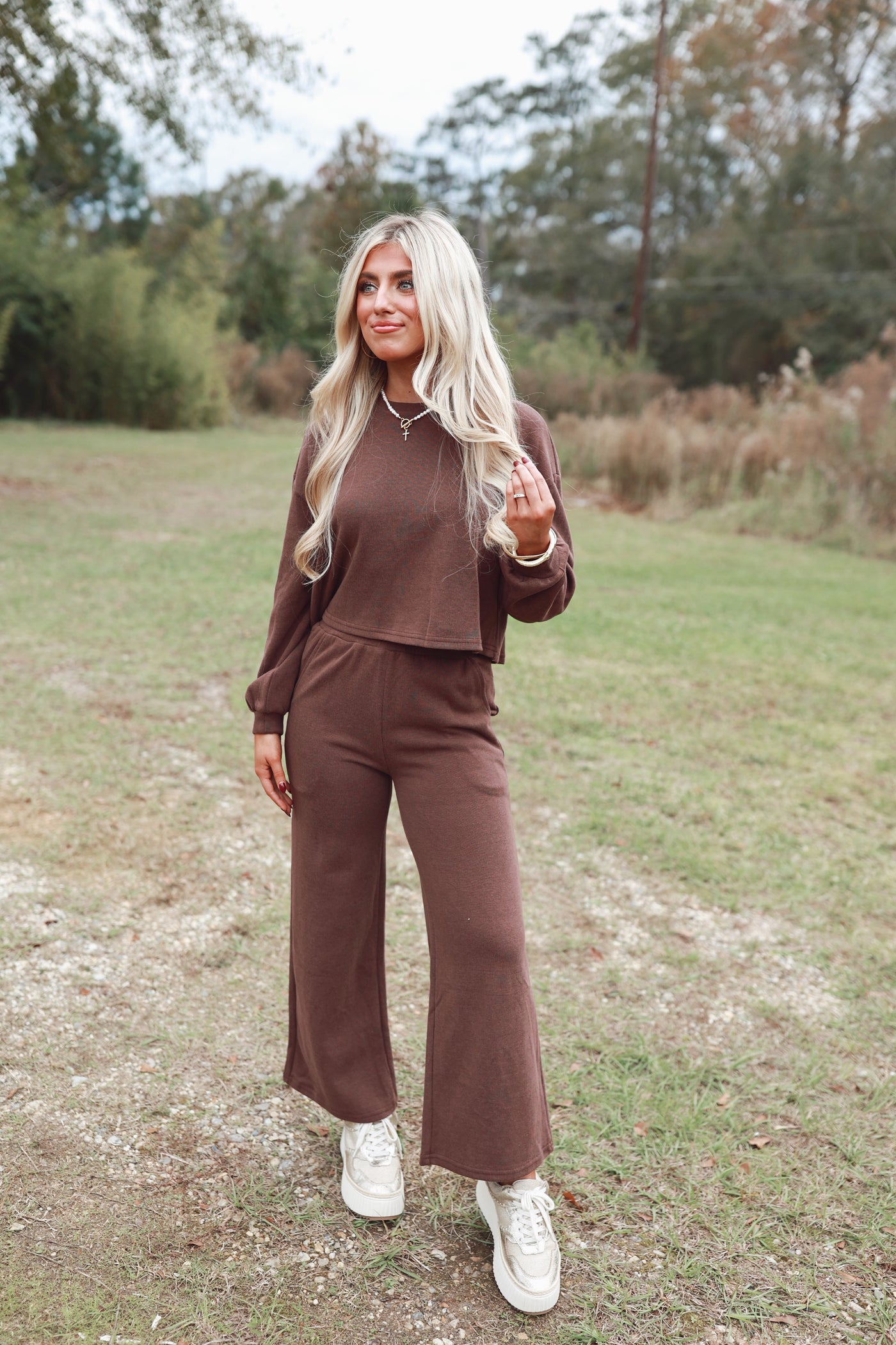 Mocha Knit Sweatshirt and Wide Leg Pant Set