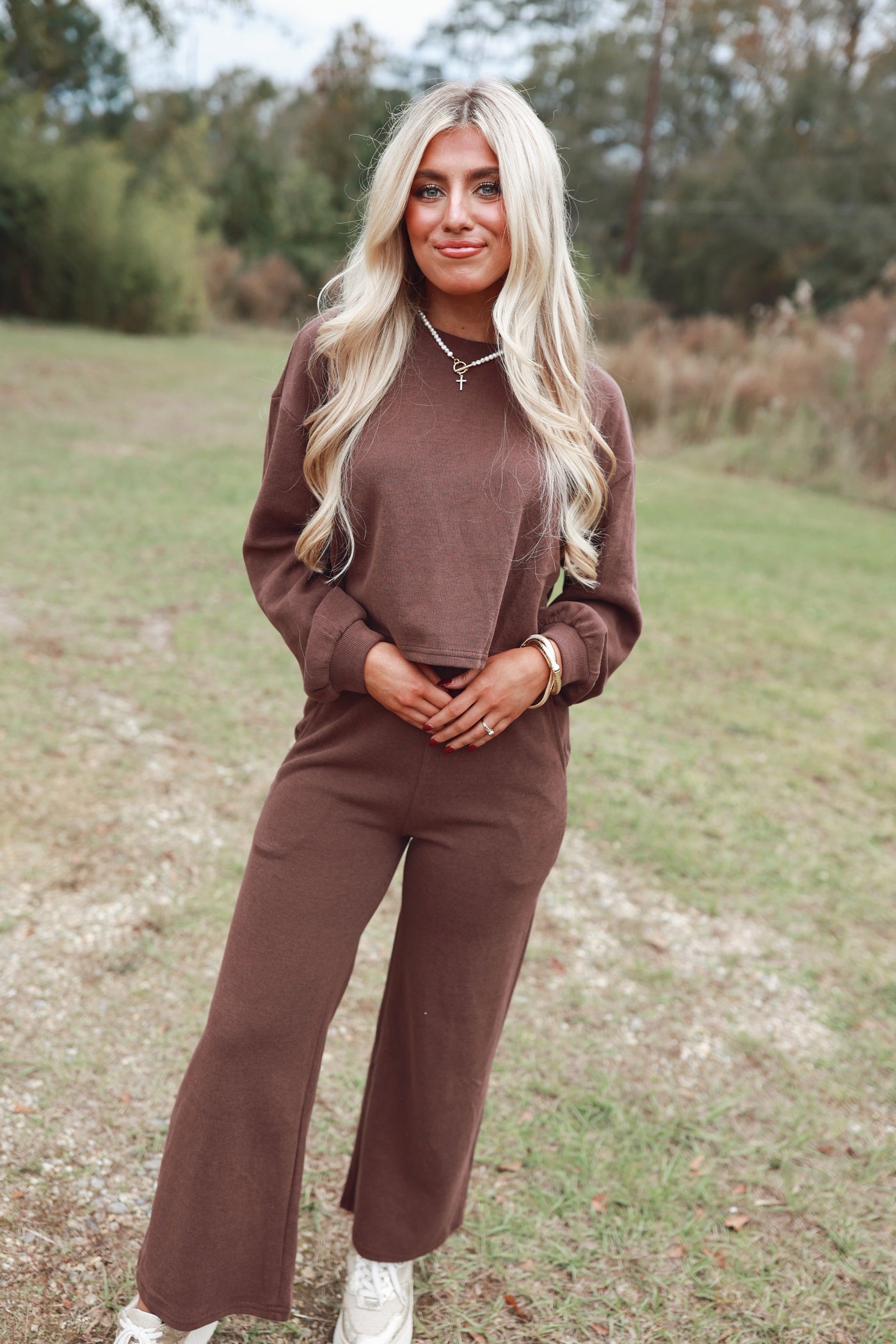 Mocha Knit Sweatshirt and Wide Leg Pant Set