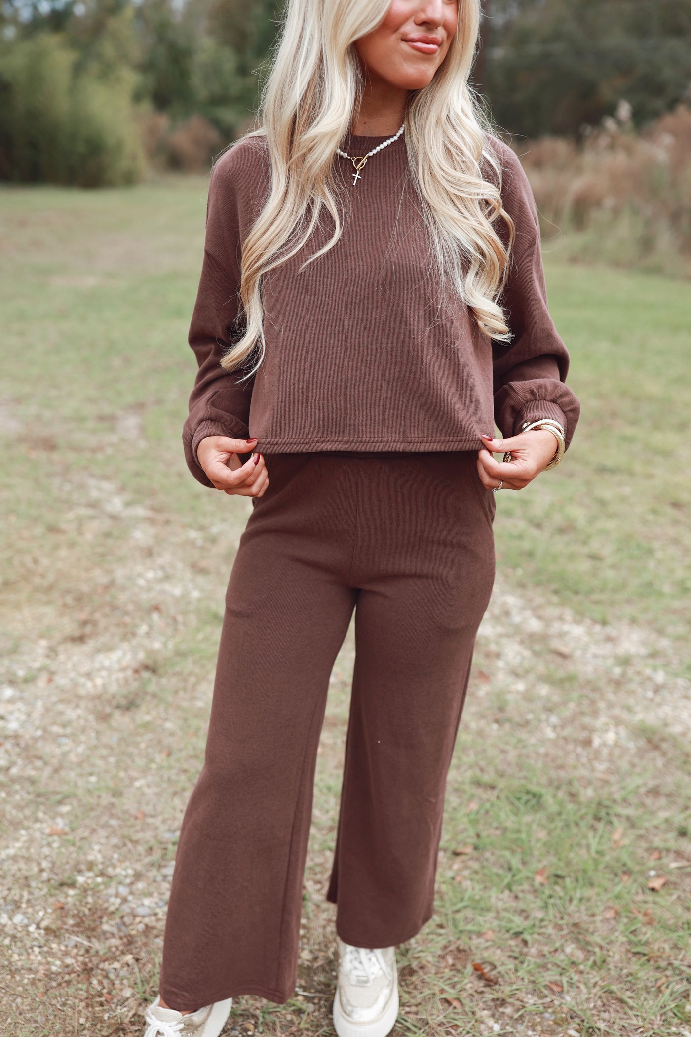 Mocha Knit Sweatshirt and Wide Leg Pant Set