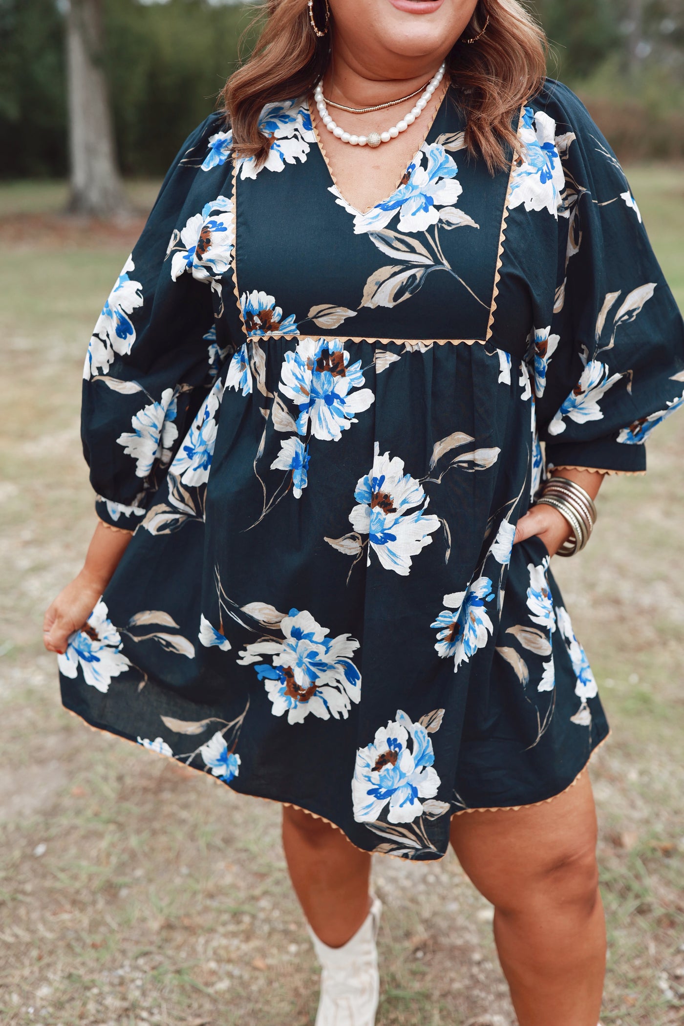 Black Floral Ric Rac Detail V-Neck Dress