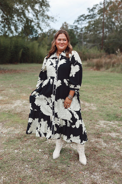 Black Floral Collared Button Down Midi Dress