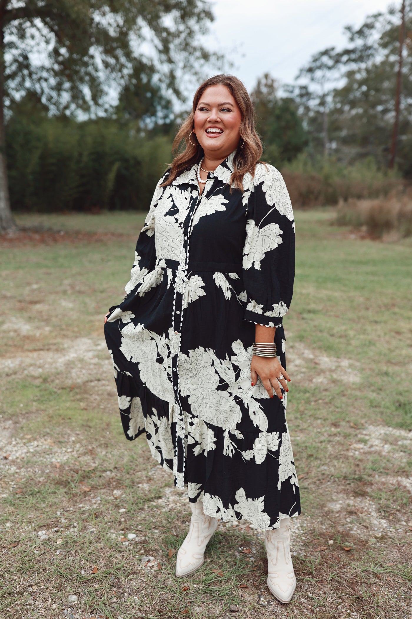 Black Floral Collared Button Down Midi Dress