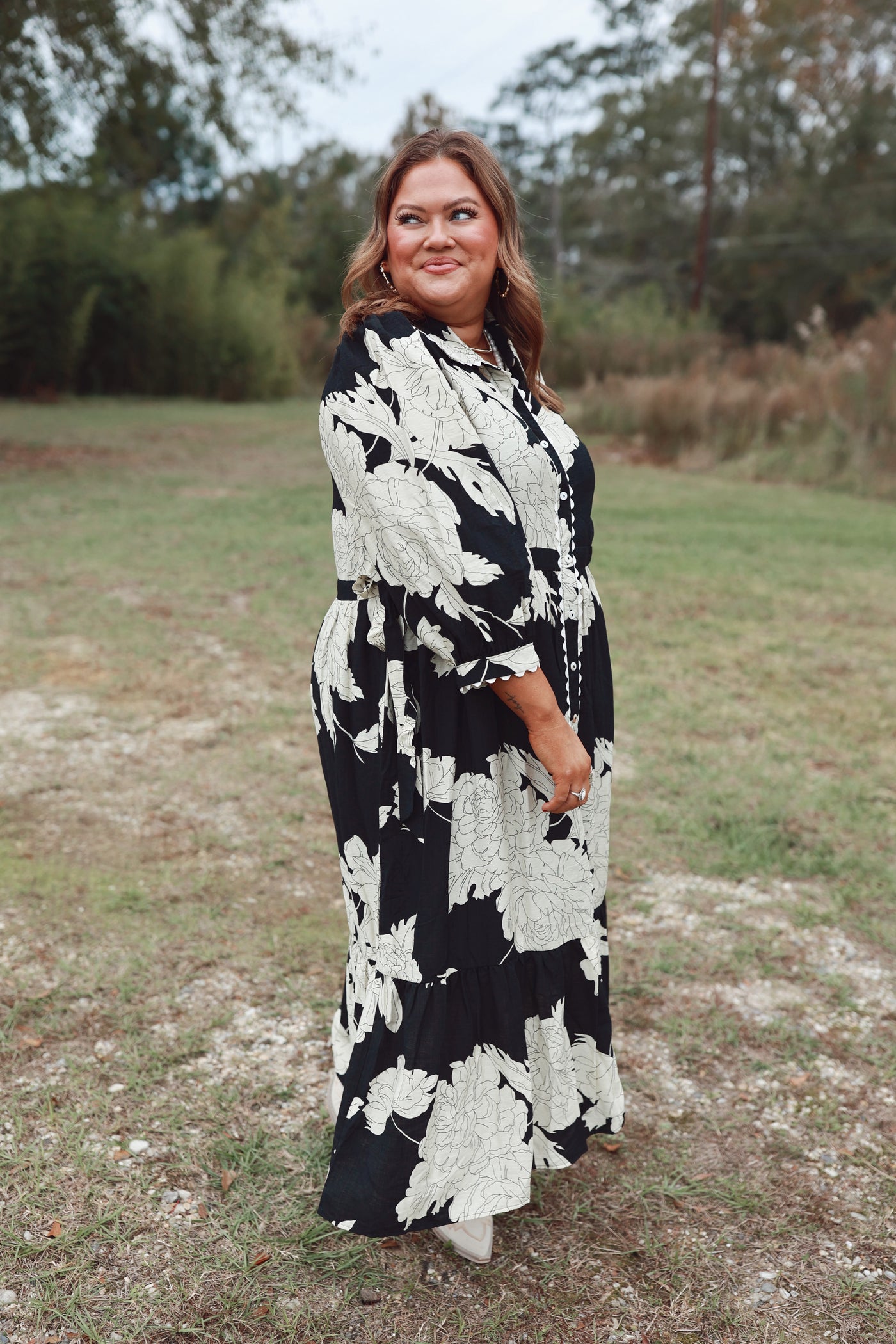 Black Floral Collared Button Down Midi Dress