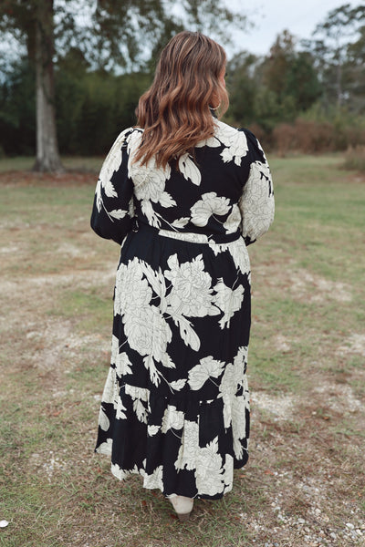 Black Floral Collared Button Down Midi Dress