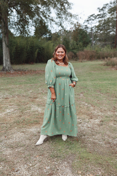 Green Flower Embroidered Tiered Smocked Maxi