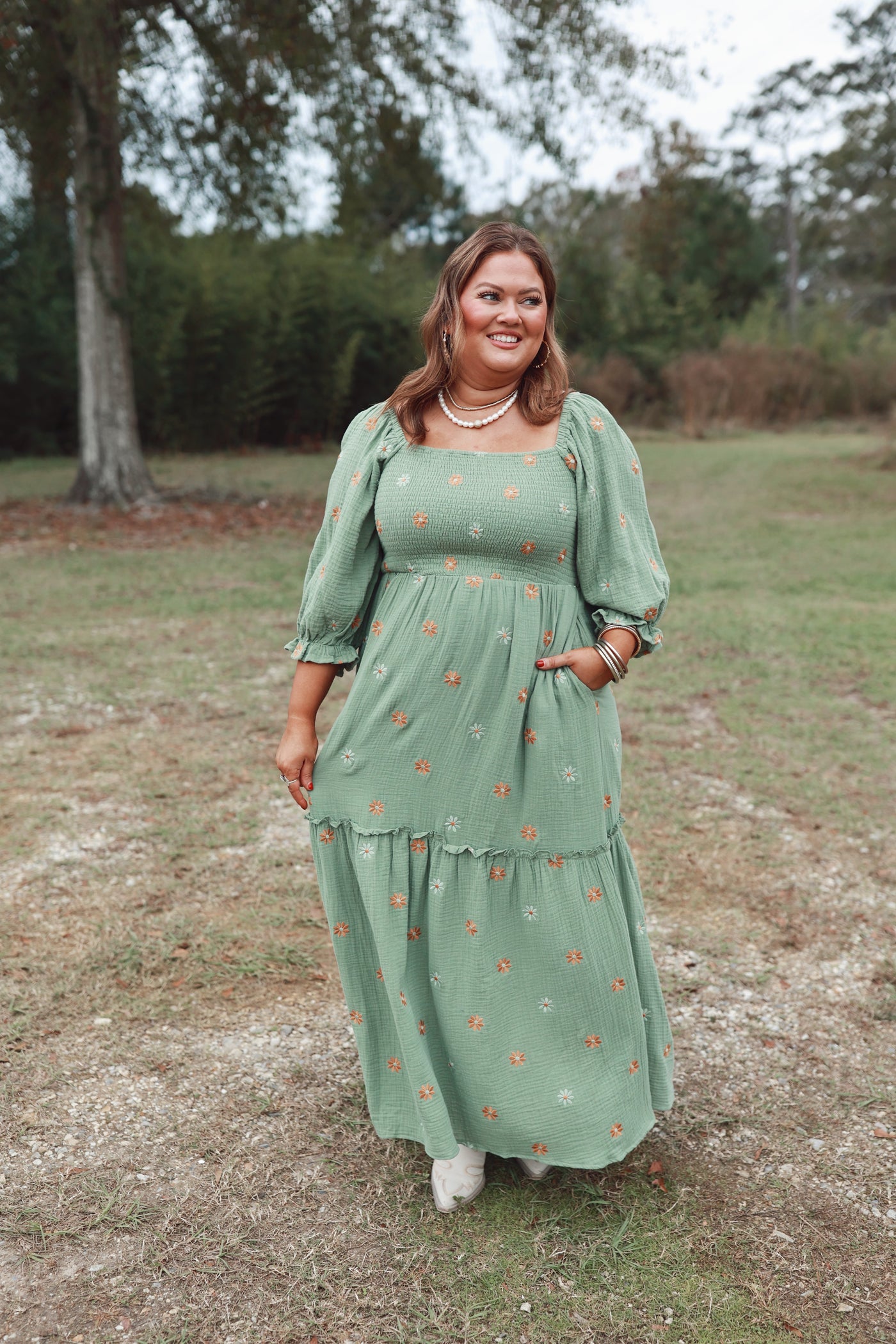 Green Flower Embroidered Tiered Smocked Maxi