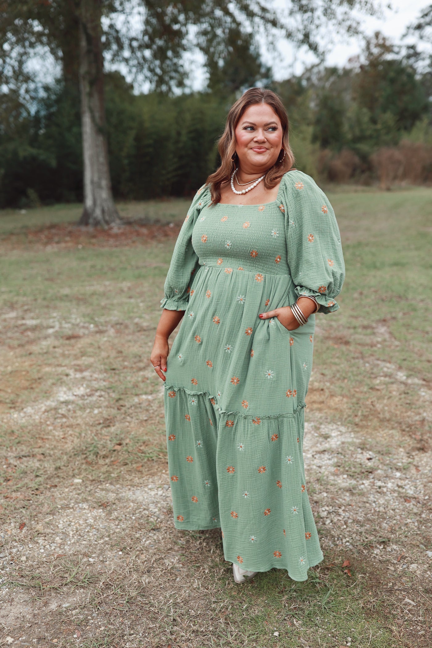 Green Flower Embroidered Tiered Smocked Maxi