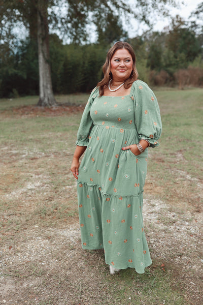 Green Flower Embroidered Tiered Smocked Maxi