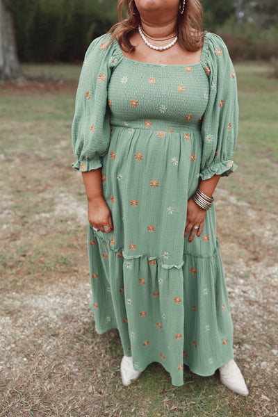 Green Flower Embroidered Tiered Smocked Maxi