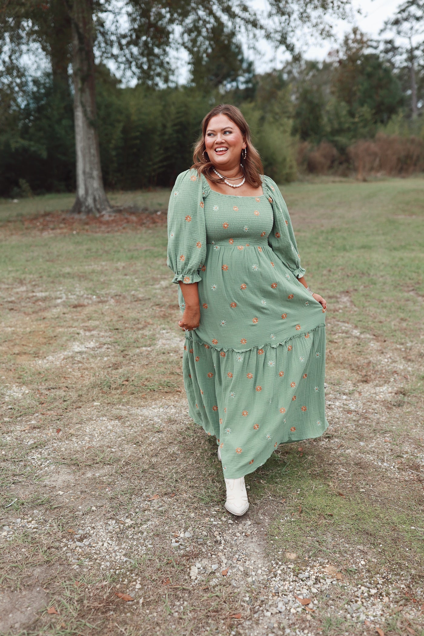 Green Flower Embroidered Tiered Smocked Maxi