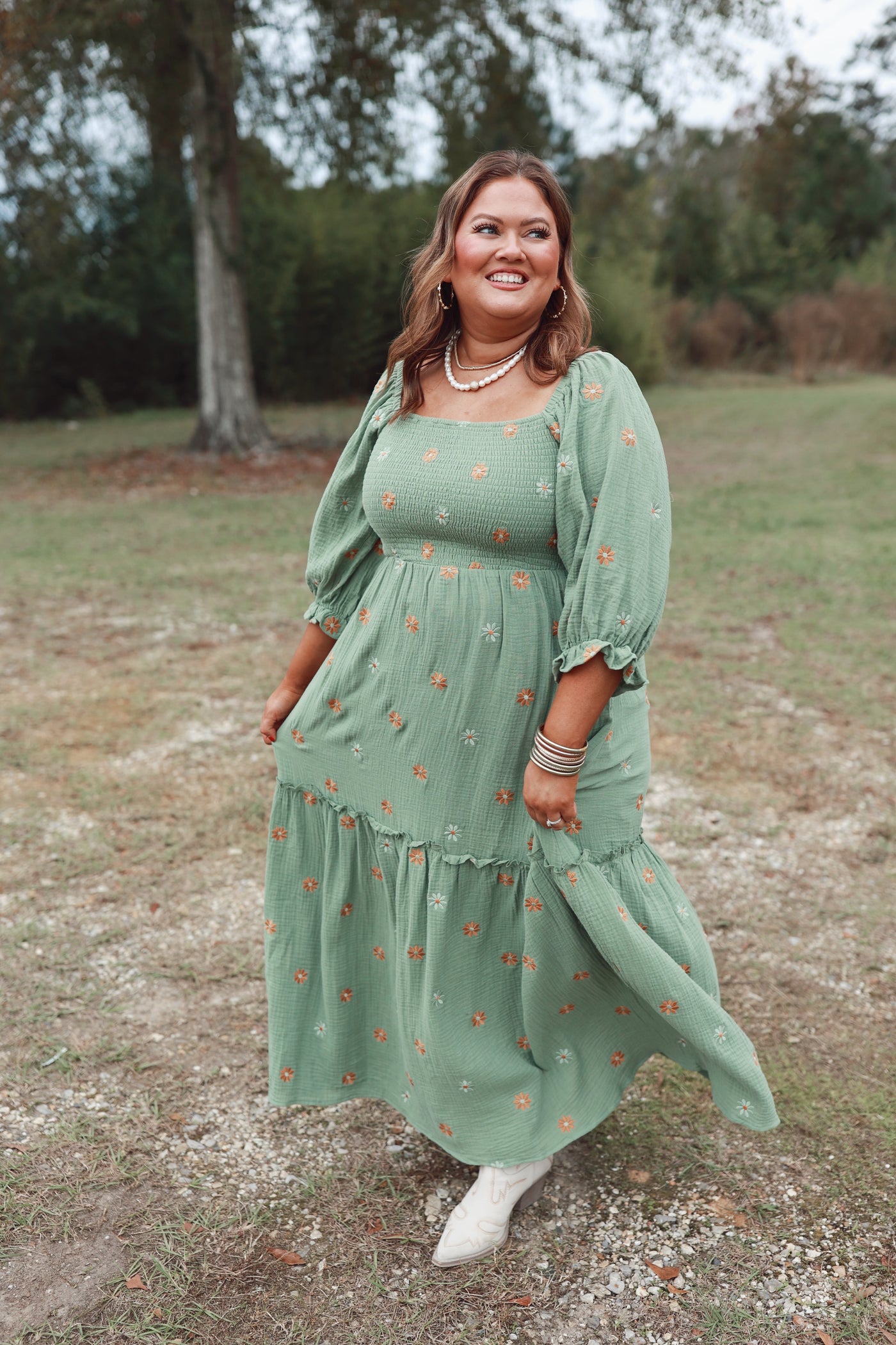 Green Flower Embroidered Tiered Smocked Maxi