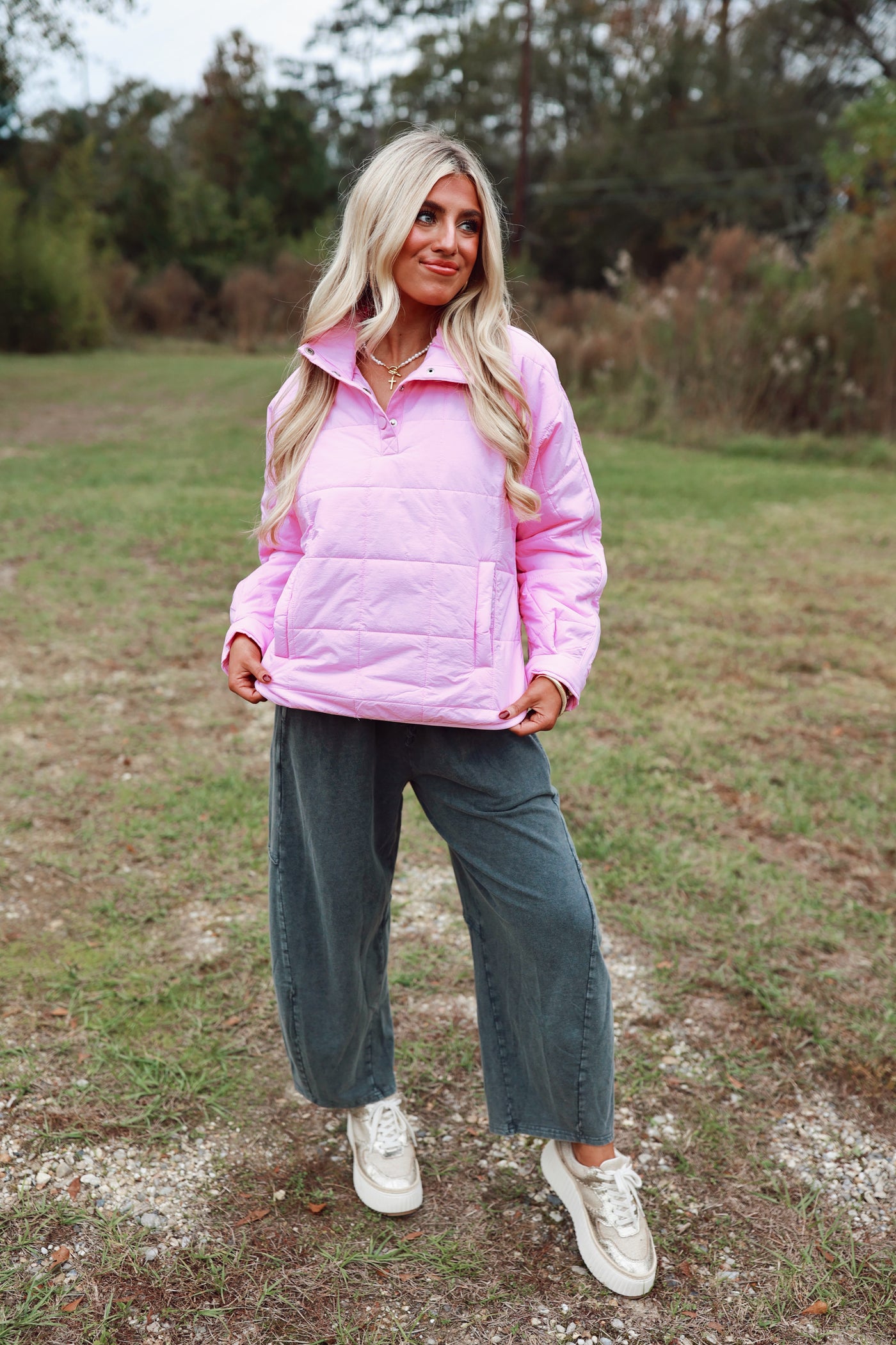 Bubble Gum Half Snap Quilted Pullover