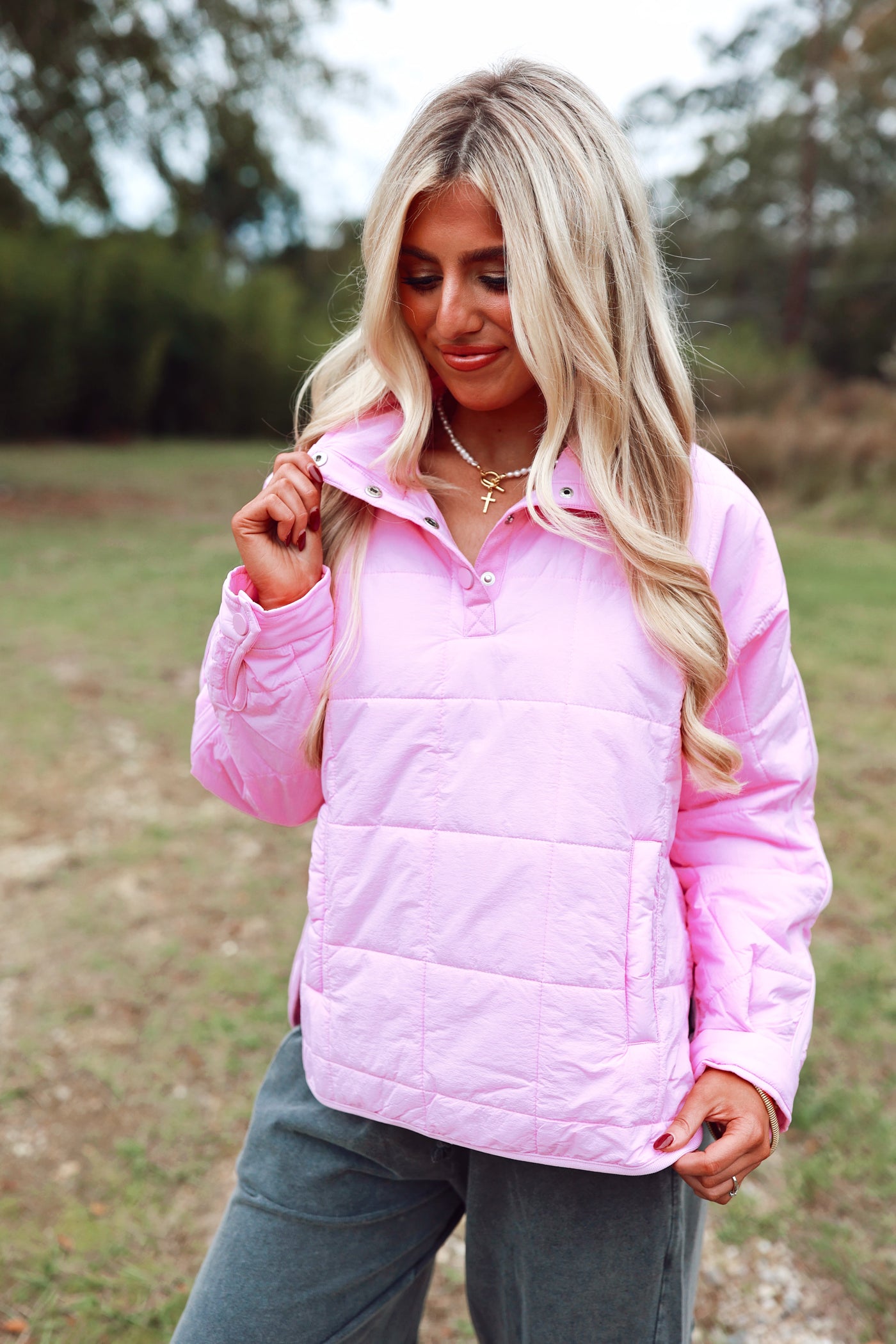 Bubble Gum Half Snap Quilted Pullover