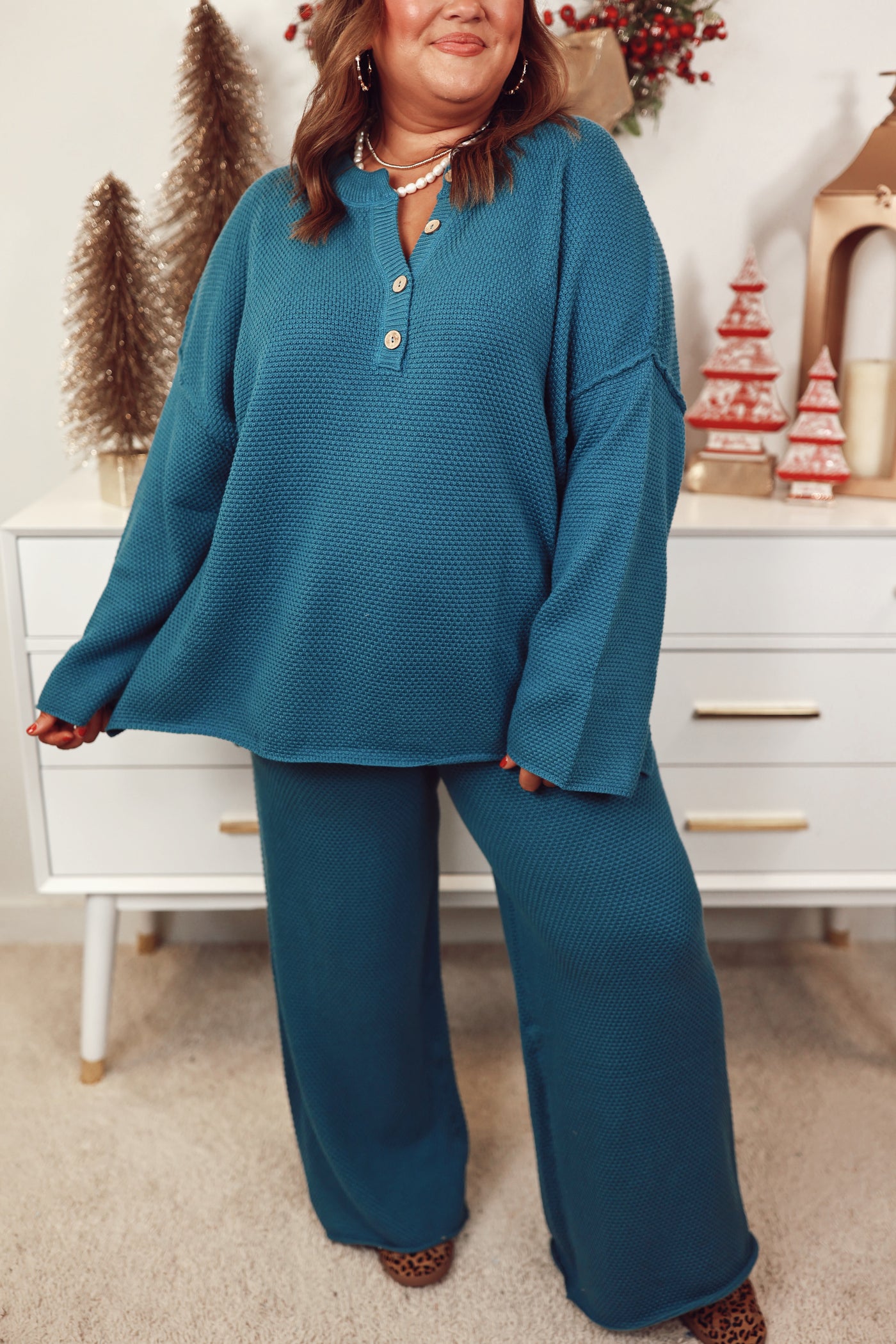 Sapphire Teal Waffle Knit Henley Top and Wide Leg Pant Set