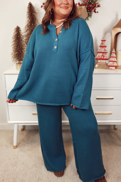 Sapphire Teal Waffle Knit Henley Top and Wide Leg Pant Set