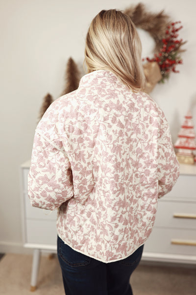 Ivory Pink Floral Quilted Bow Sleeve Jacket