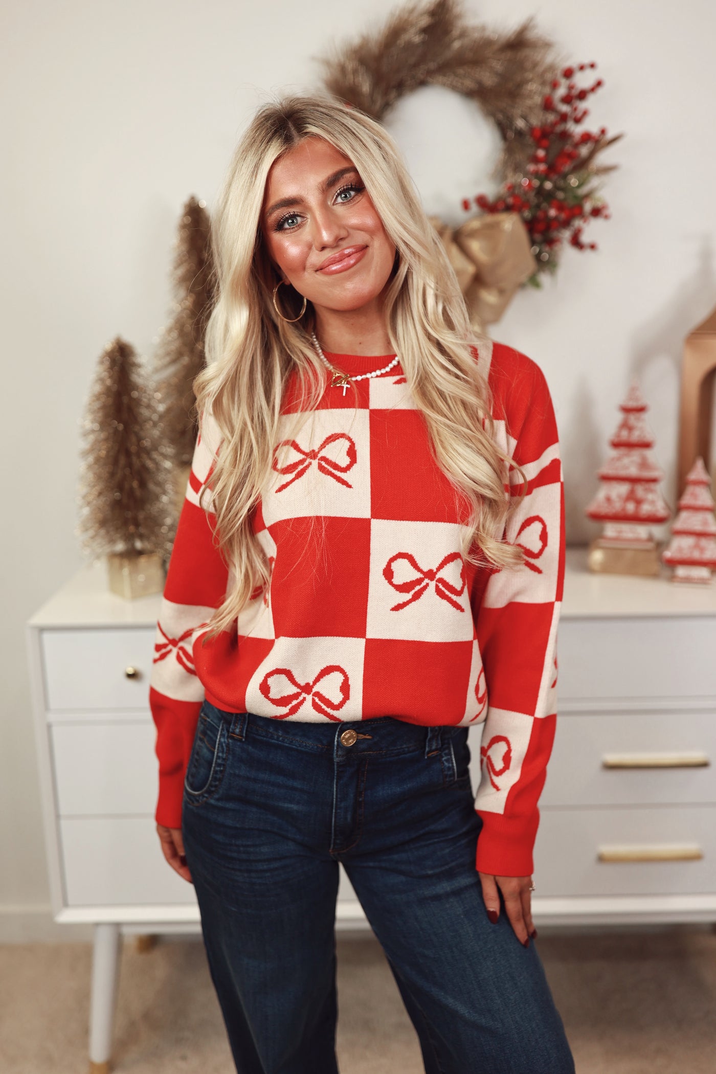 Red Checkered Bow Sweater