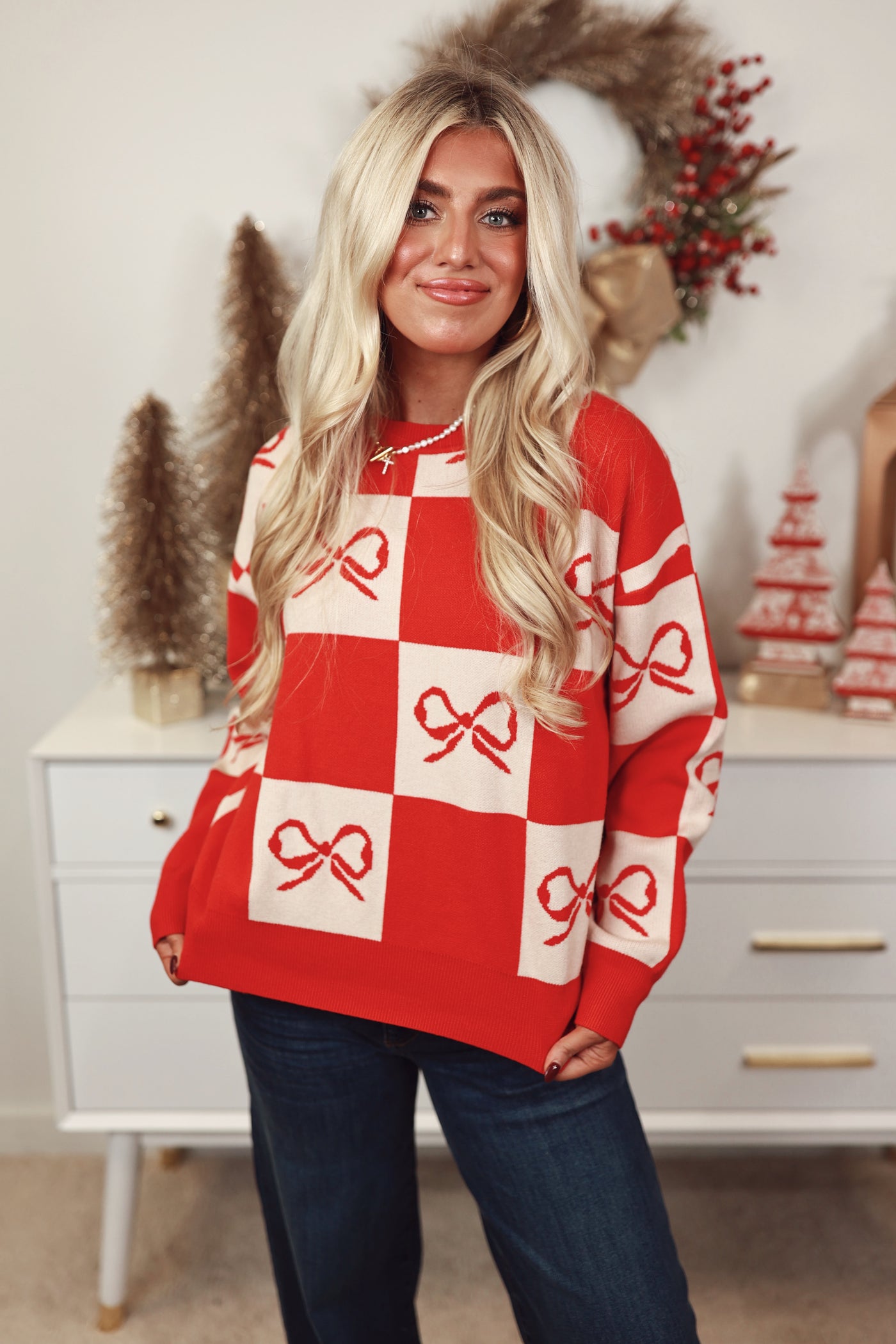 Red Checkered Bow Sweater