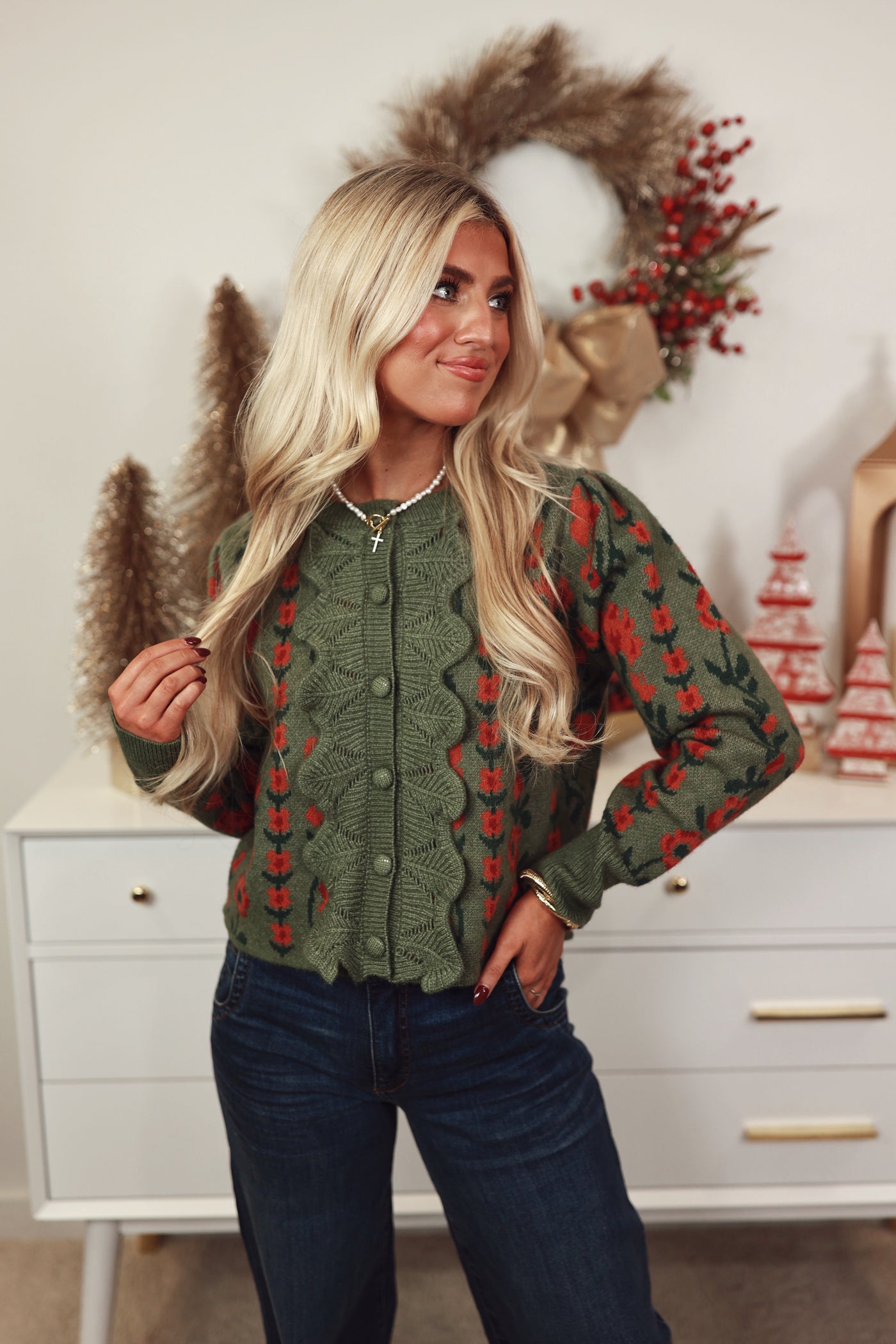 Olive Floral Button Front Ruffle Knit Cardigan