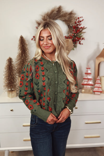 Olive Floral Button Front Ruffle Knit Cardigan